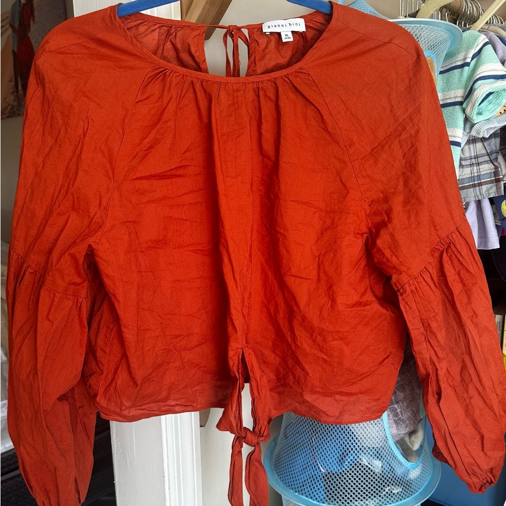 Gianni Bini Orange Red Puff Sleeve Blouse with Tie Front